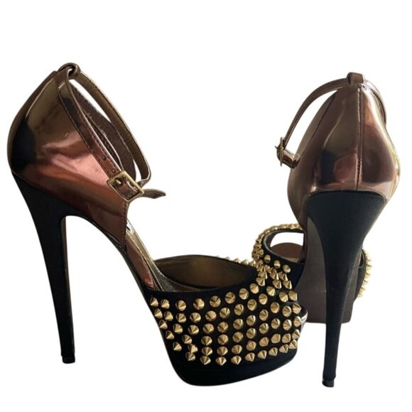 Steve Madden Obstcl-S Black Bronze Studded Peep Toe Heels Gold Spikes Womens 7M - Picture 5 of 8